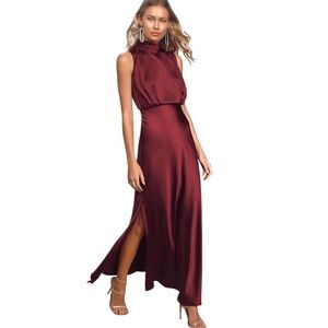 Lulus Classic Elegance Satin Maxi Dress Wine Red Sleeveless Slits NWT